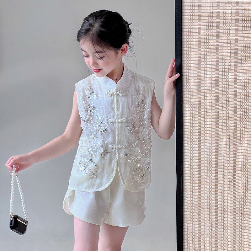 女童套装2025夏季新款中式国风无袖旗袍背心上衣白色短裤两件套