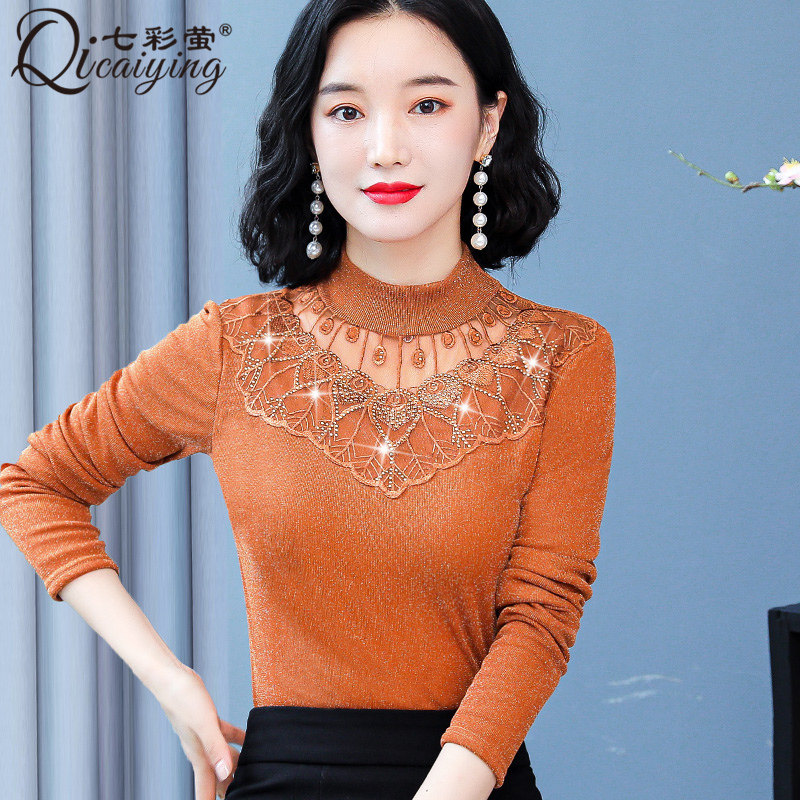 中老年保暖内衣女加绒加厚妈妈上衣秋冬季女士外穿蕾丝打底衫大码