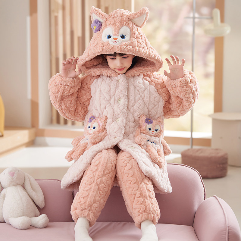 女童三层夹棉睡袍套装儿童睡衣秋冬款2023新款女孩冬季加绒加厚款