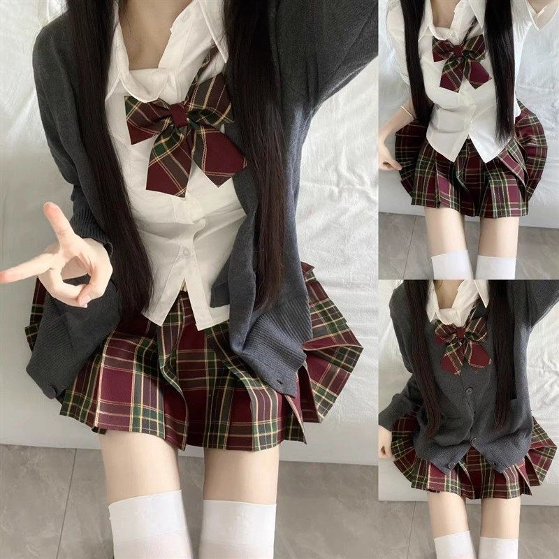 学院风jk制服秋冬套装百褶裙收腰V衬衫长袖三件开衫毛衣叠穿四件
