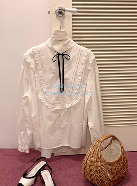 七七ost 简约却不简单 ~小设计感 时髦黑木耳花边绑带衬衫 9893#