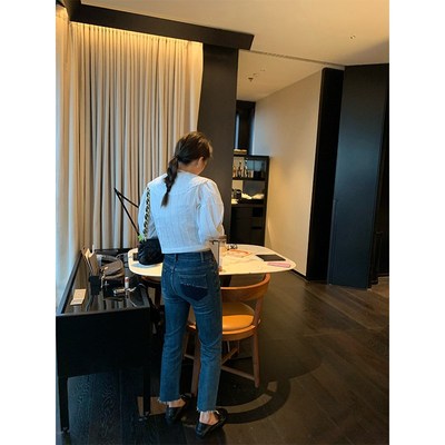 落落狷介牛仔裤女秋冬2024年新款高腰九分裤毛边牛仔小脚裤小个子