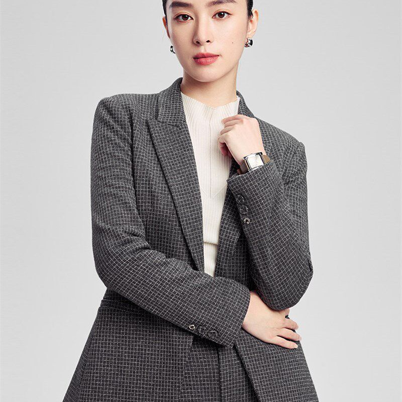 赢智尚高智感西装外套女秋季新款绵羊毛混纺显瘦格纹英伦风职业装