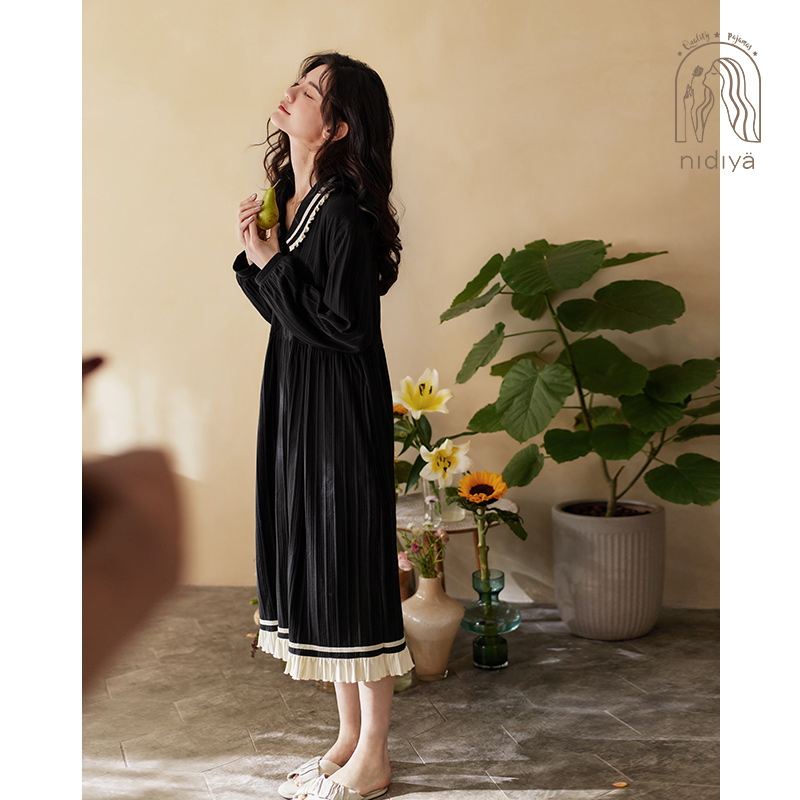 妮狄娅2023睡衣睡裙女春秋纯棉长袖宽松娃娃裙可外穿学院风家居服