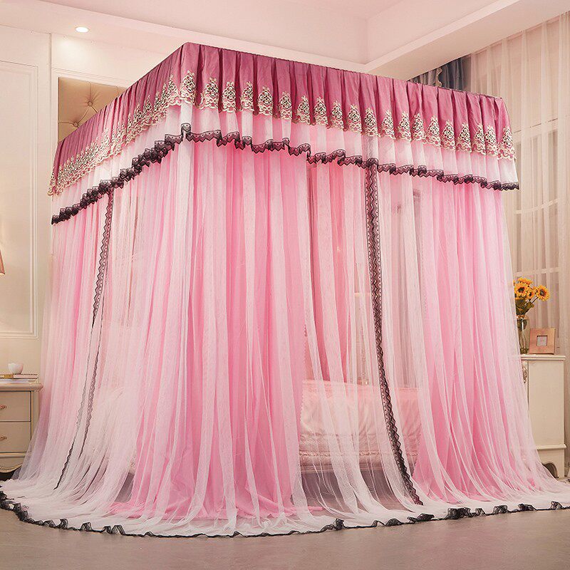 遮光导轨蚊帐三开门轨道家用高档落地双层公主加粗加厚加密防尘顶