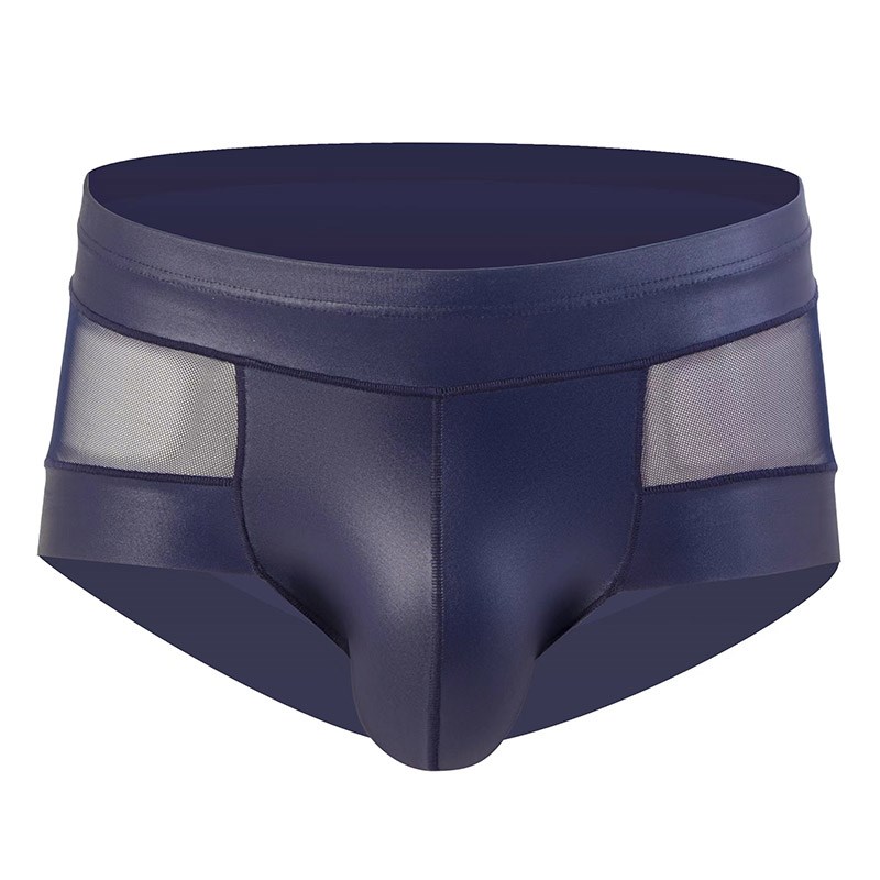 男士仿漆皮内裤网纱透明性感小平角裤U凸囊袋胖熊胖子加肥加大码