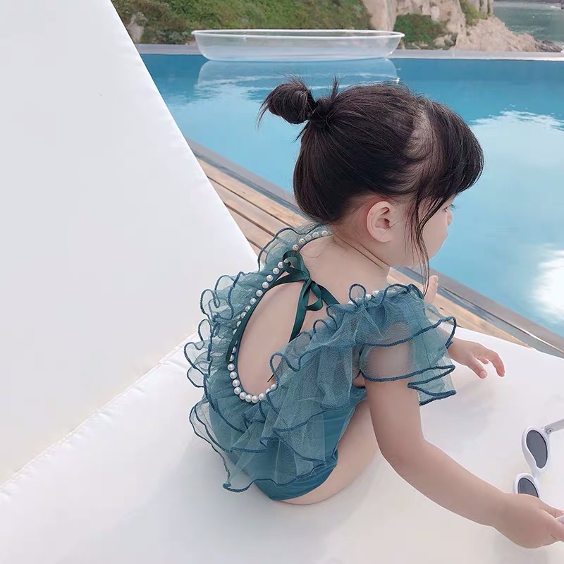 儿童夏季连体泳衣女童游泳衣宝宝沙滩度假珍珠泳装三角花边