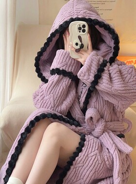 2024新款睡袍女秋冬季珊瑚绒加厚连帽长款浴衣浴袍紫色冬天睡衣