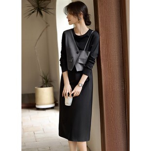 XWI欣未假两件西装马甲针织连衣裙女秋季知性优雅正式场合T恤裙子