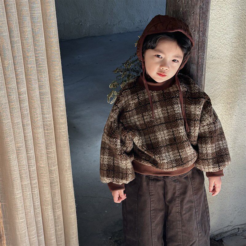 暮晨家新款冬装2024男童格子羊羔毛卫衣中小童加绒半高领上衣外套