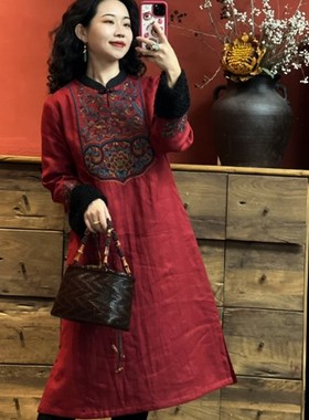 汉服女改良连衣裙复古绣花中国风秋冬夹棉加厚LYQ90135