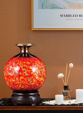 彩铜花瓶摆件中式大肚插花花瓶轻奢铜工艺品家居客厅玄关装饰礼品