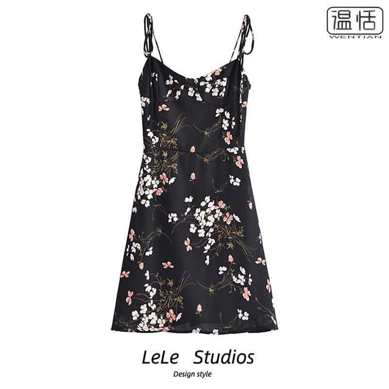 【包邮】法式双肩系带浪漫碎花吊带裙复古收腰显瘦A字度假连衣裙