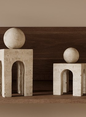 侘寂风黄洞石客厅电视柜壁龛摆件酒店民宿样板间艺术几何软装饰品