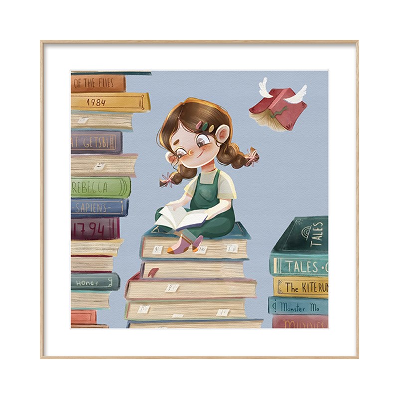 爱读书的小孩儿童房装饰画女孩卧室书房背景墙壁画幼儿园卡通挂画
