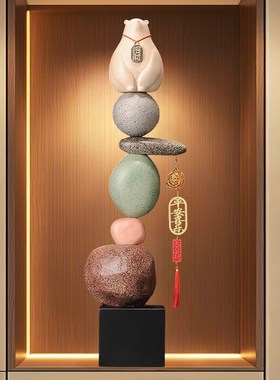 时来运转高级感摆件石头大型落地客厅入户玄关电视柜沙发旁装饰品
