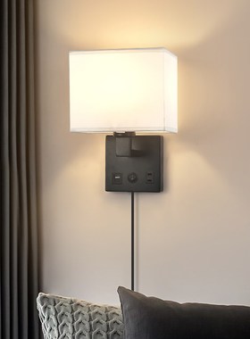 新款创意带USB壁灯酒店床头阅读灯美式布艺客房灯插头卧室壁灯led