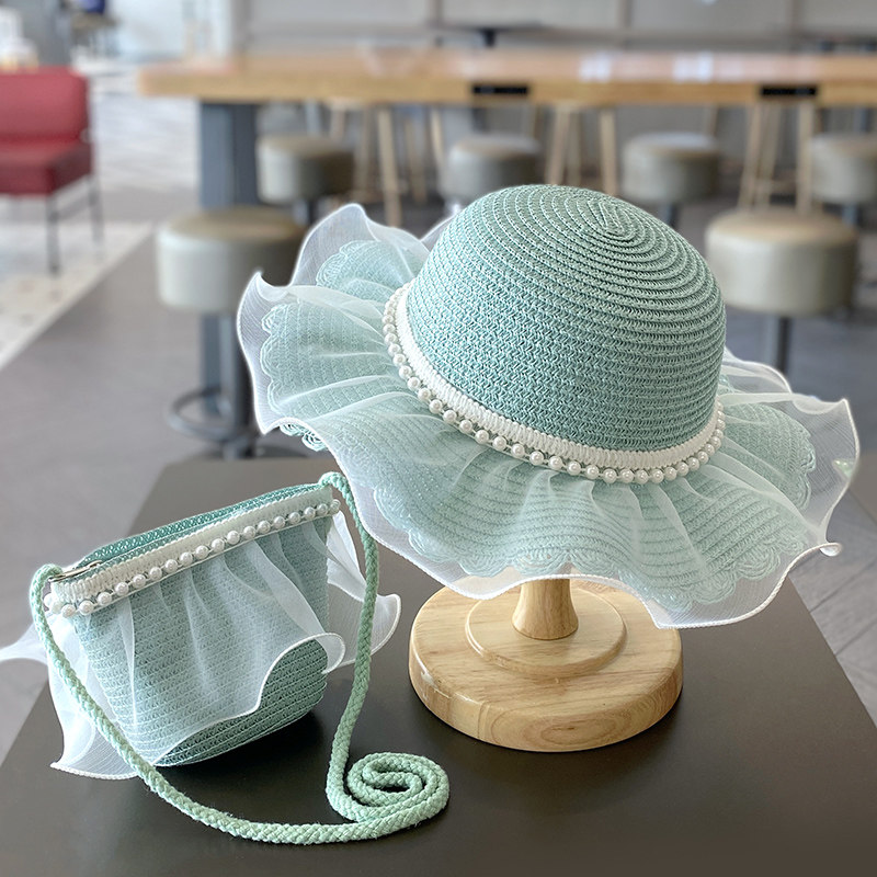 夏天女孩草帽女孩大帽簷遮阳帽女童防晒太阳公主沙滩帽子女夏