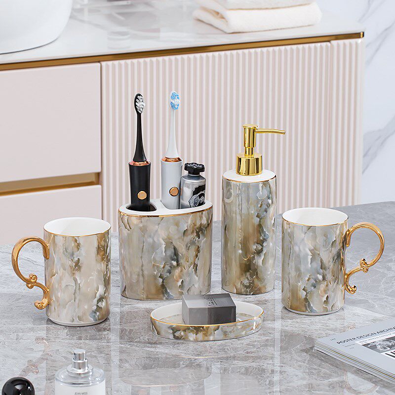 大理石纹陶瓷洗漱杯套装轻奢高级浴室用品套件欧式漱口杯托盘家用