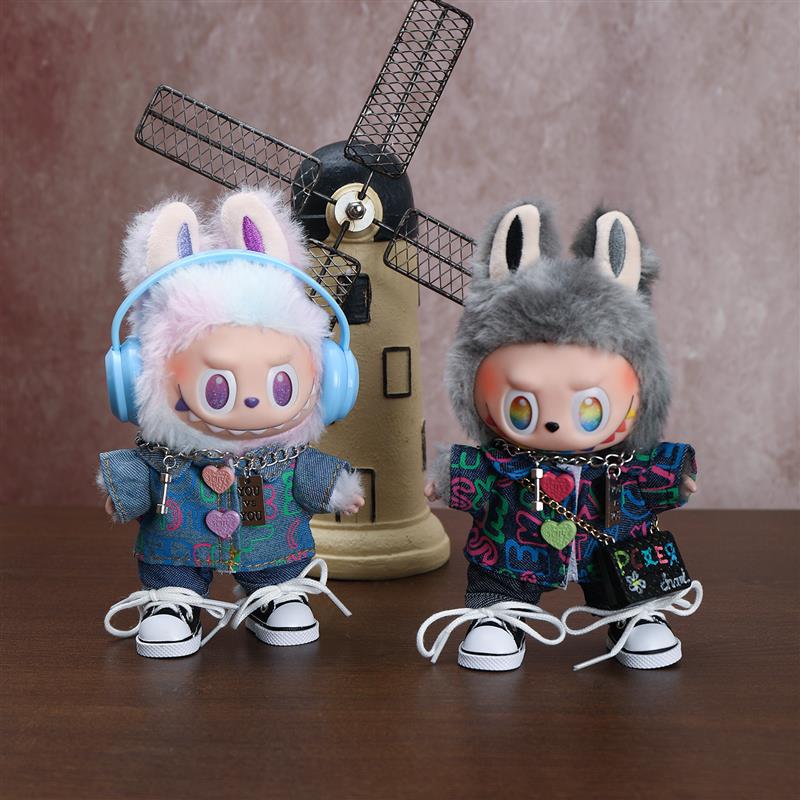适用于拉布布labubu前方高能3.0娃衣一二代牛仔衬衫套装站姿衣服