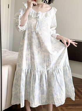 油墨画娃娃领睡裙女纯棉中袖花边棉纱纱布长裙夏天甜美睡衣家居服