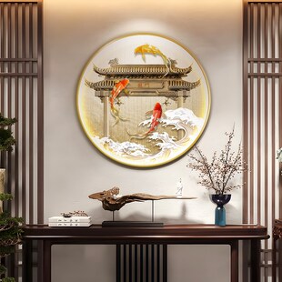 鲤鱼跃龙门玄关装饰画轻奢高级感进门入户挂画九鱼图圆形发光壁画