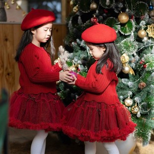 女童毛衣公主蓬蓬裙红色喜庆新年年衣圣诞节针织衫凸凸裙套装洋气