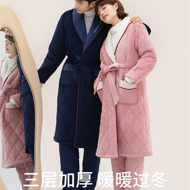 秋鹿珊瑚绒睡袍冬款女大码晨袍中长款男士浴袍式睡衣秋冬情侣长袍