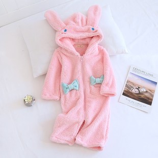 儿童冬季加厚法兰绒长毛绒连帽兔子拉链睡袍可爱女童亲子装家居袍