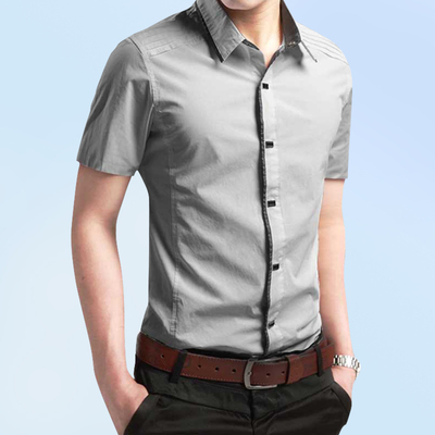 按扣衬衫男短袖夏季韩式紧身纯棉衫衣寸土村杉工装暗扣半截袖衬衣