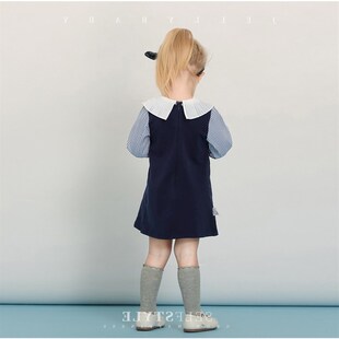 2026春中小女童百褶翻领英伦风拼接连衣裙女宝假两件娃娃领Aa字裙