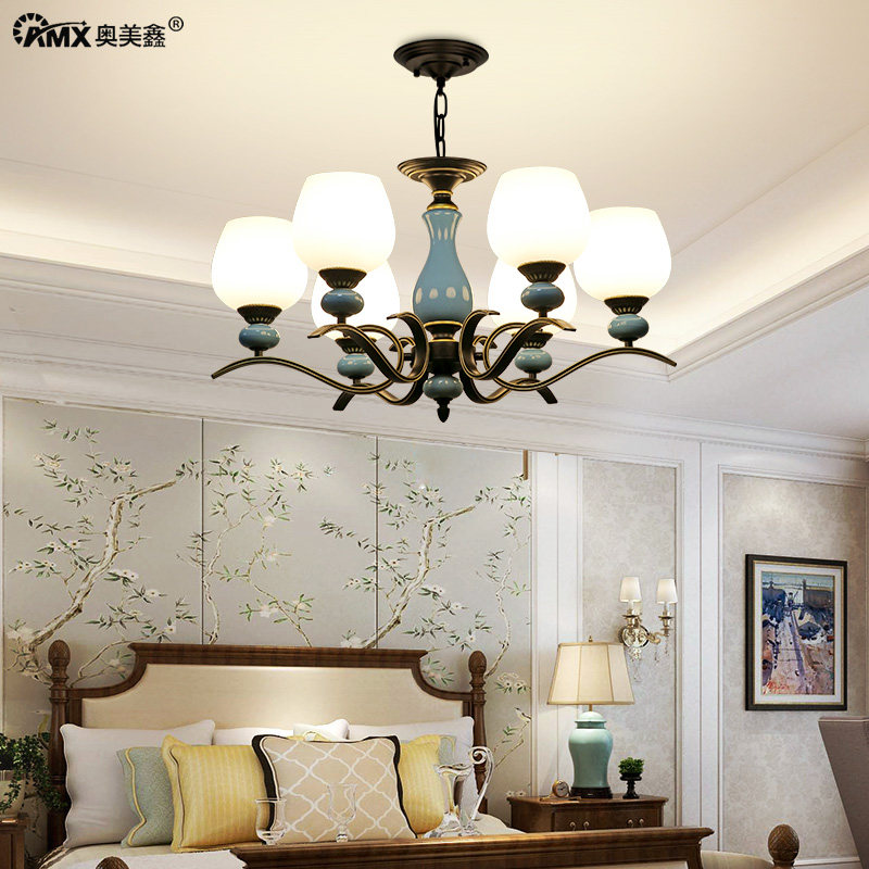 美式田园吊灯陶瓷客厅主卧室餐厅创意铁艺玻璃欧式复古吸吊两用灯