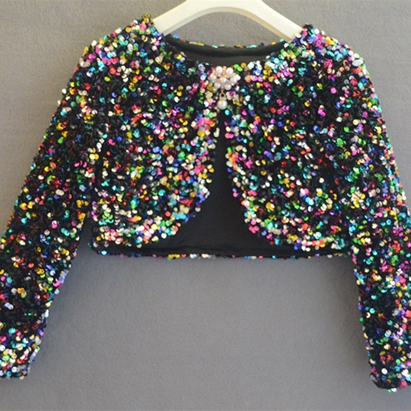 儿童黑色披肩长袖女孩公主披风走秀礼服女童演出闪亮片外搭斗篷秋