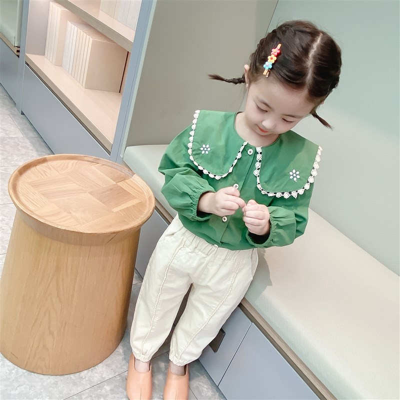 2021新款童装秋装3-8岁秋季女童绿色翻边衬衫洋气宝宝春秋上衣潮