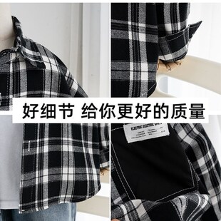 百搭款儿童黑白格子衬衫男童春秋款纯棉上衣洋气宽松中小童秋装潮