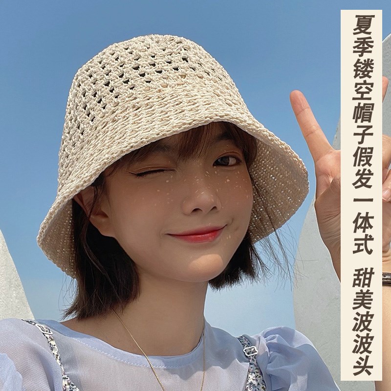 帽子假发一体波波头女锁骨发2024新款光头夏天时尚遮阳镂空帽假发