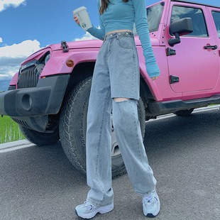 破洞牛仔裤女直筒宽松秋冬加绒2023新款小个子高腰显瘦拖地阔腿裤
