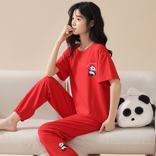2024新款睡衣女士春夏季纯棉短袖长裤薄款大红色本命年家居服套装