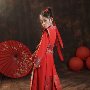 儿童汉服春秋古装中国风唐装古风女童汉服连衣裙霸气侠女演出服夏