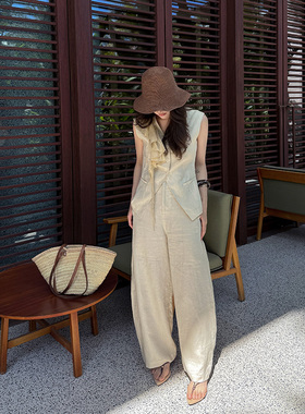 ALONE SAVOR 龙喜儿自然之行 高品质亚麻无袖马甲+弯刀裤套装J049