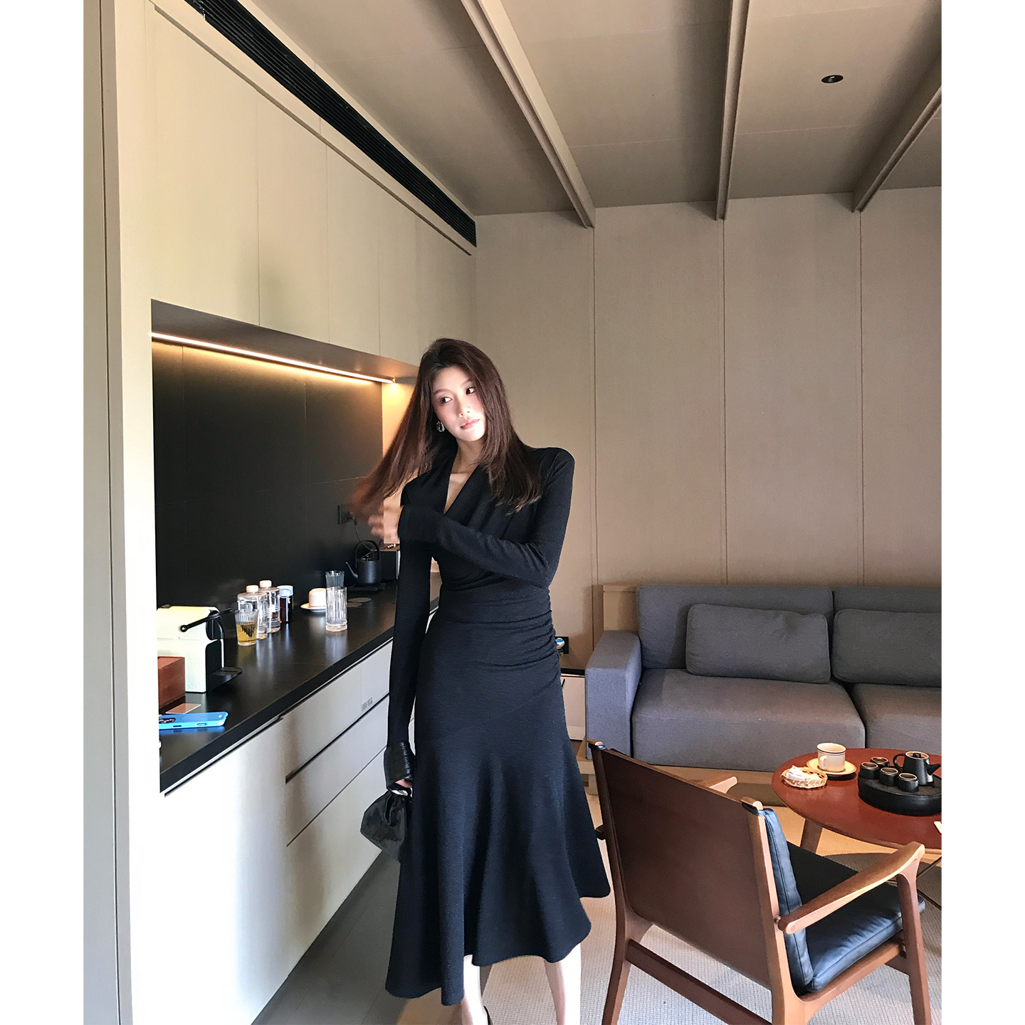 Alone Savor龙喜儿 设计感不规则连衣裙修身显瘦拼接女士长裙J012