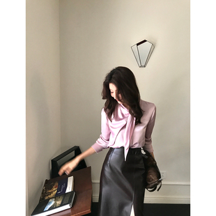 不规则扭结小衫 Alone 紫色缎面衬衫 优雅法式 女士D579 Savor龙喜儿