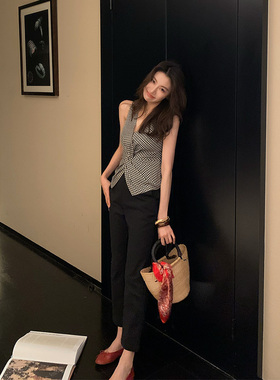 龍喜儿 裤子女夏季薄款黑色烟管裤抗皱高腰显瘦休闲直筒九分裤