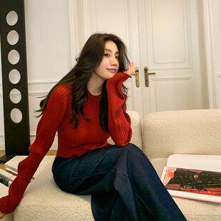ALONE SAVOR 龙喜儿 岁岁暖 红色针织衫女圆领内搭毛衫上衣X009