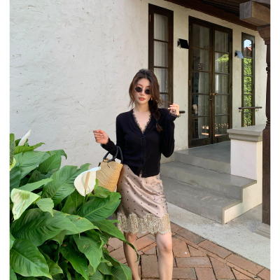 AloneSavor龙喜儿 精致优雅波点缎面半身裙蕾丝花边刺绣长裙Y203