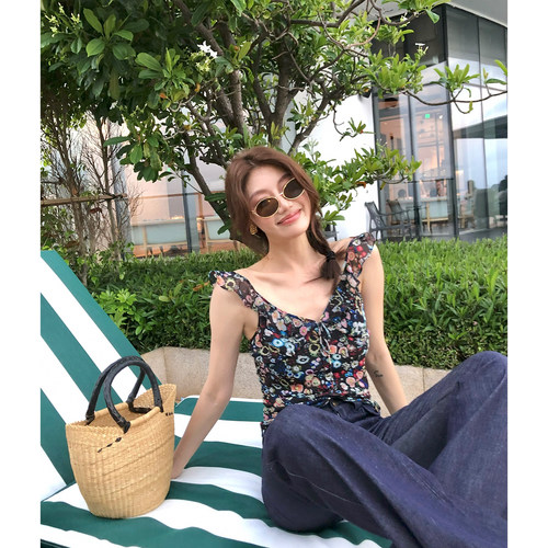 AloneSavor龙喜儿 浪漫优雅波点印花蕾丝小衫无袖吊带背心女SJ760