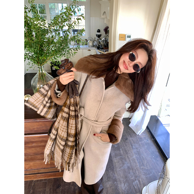 Alone Savor龙喜儿 高端水貂拼接羊绒呢大衣大翻领收腰外套女V875