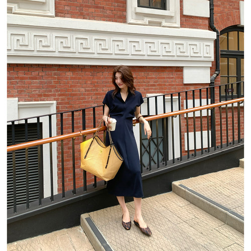 AloneSavor龙喜儿 醋酸连衣裙女夏季法式翻领收腰显瘦长裙R616