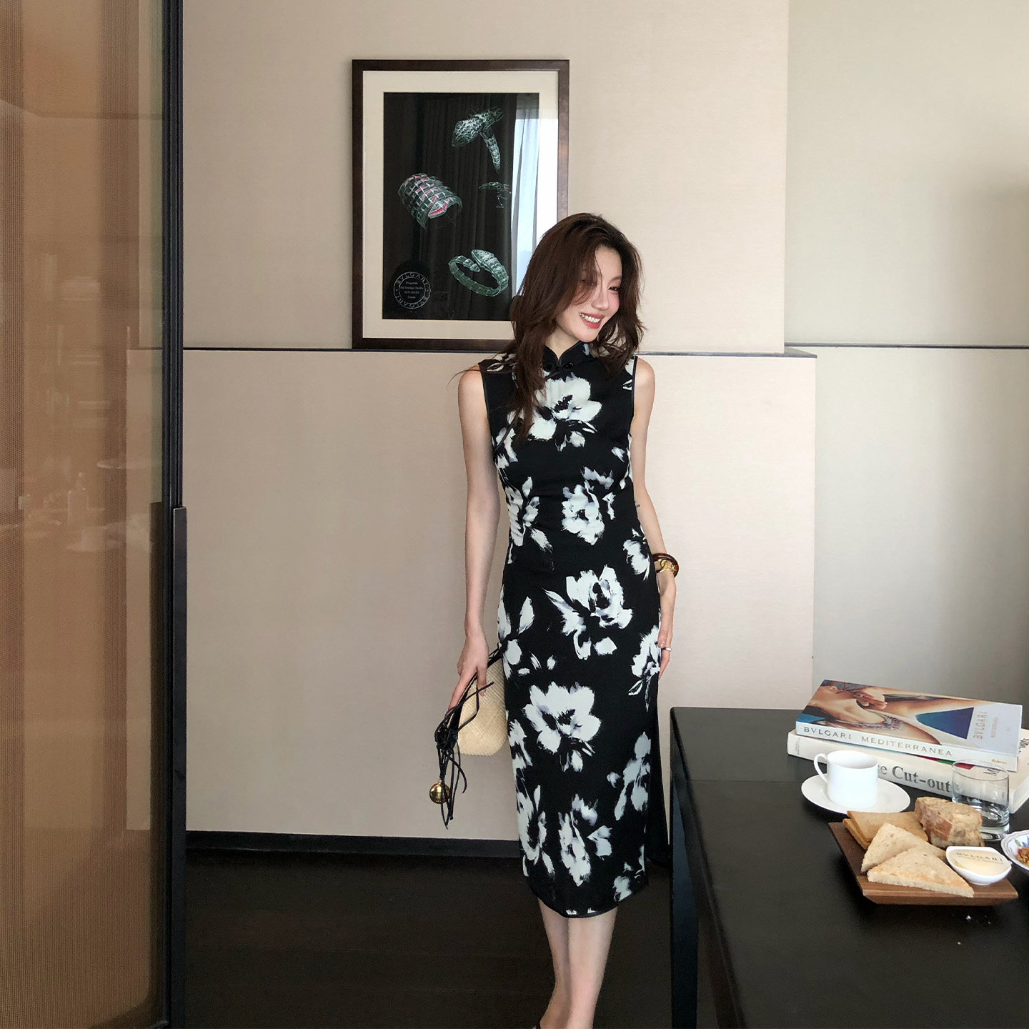 【ALONESAVOR】龍喜儿 100人丝新中式印花立领改良旗袍连衣裙D413 - 实物图