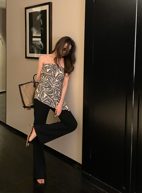 龍喜儿 黑色裤子女新款垂感磨砂肌理感醋酸抗皱微喇休闲裤X145